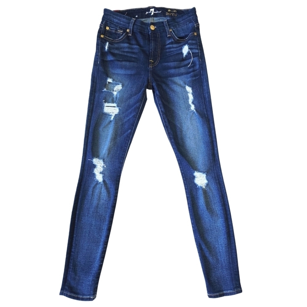 7 For All Mankind Ankle Skinny Distressed Dark Indigo Blue Jeans Size 24
